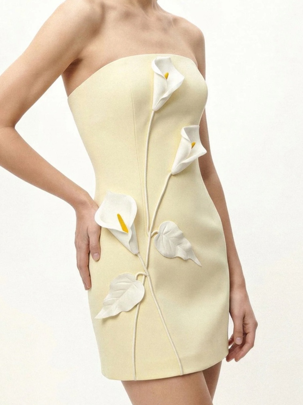 JW PEI Strapless Floral Appliqué Mini Dress Yellow